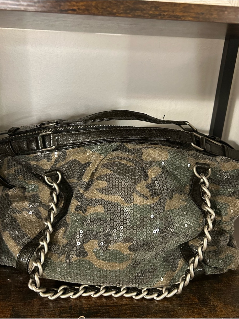 Express Sequin Camo Satchel in Olive, Brown and Black
